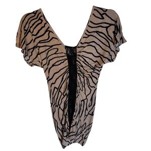 Vintage Wet Seal Beige Black V Neck‎ Shirt Lace Insert Sexy Casual Going Out Top